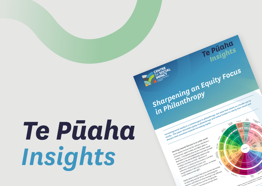 Mock-up of an A4 report titled Sharpening an Equity Focus in Philanthropy on a grey background. Text reads ' Te Pūaha Insights.'
